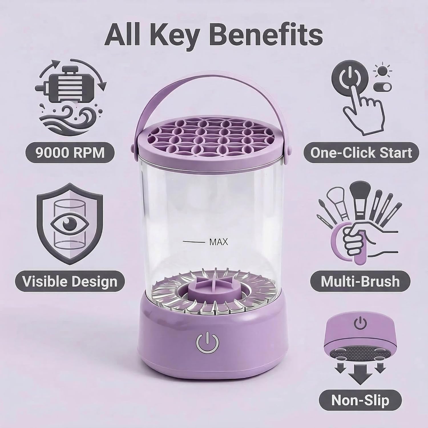 Makeup Brush Cleaner - 9000 RPM Electric Makeup Brush Cleaning Machine, IP65 Portable Make up Brush Cleaner for Makeup Sponges and Brushes (Purple)