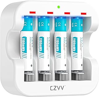Rechargeable AAA Lithium 1.5V Batteries - Full-Recharged 4 Pack with 2H Ultra Fast Charger for Household Office Devices, Long-Lasting High-Capacity 1100mWh, Cycle Times up to 1300x, Constant Output