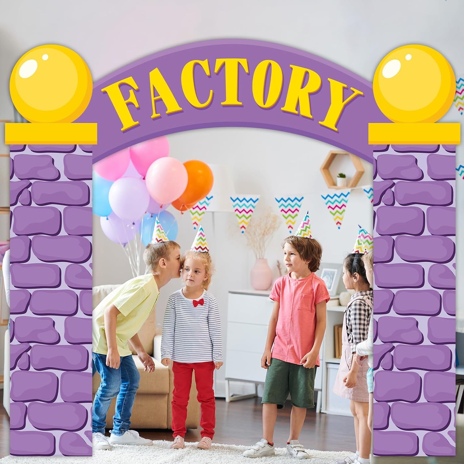 3 PCS Factory Party Door Decorations Purple Factory Porch Banners Cartoon Arch Door Banner Factories Arch Backdrop Front Doors Cover for Photo Prop Birthday Party Supplies