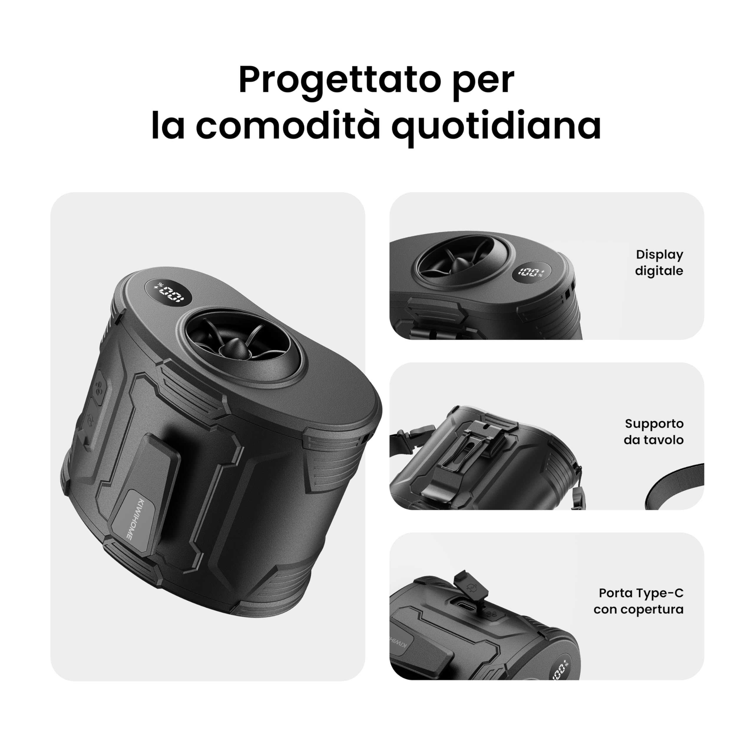 KIWIHOME Ventilatore da Cintura Portatile, Flusso d'Aria Ruotabile a 360° e Regolazione 10°, Ventilatore a Clip con Interruttore Fisico, 4-in-1 per Lavoro all'Aperto, Camping, Viaggi, Estate