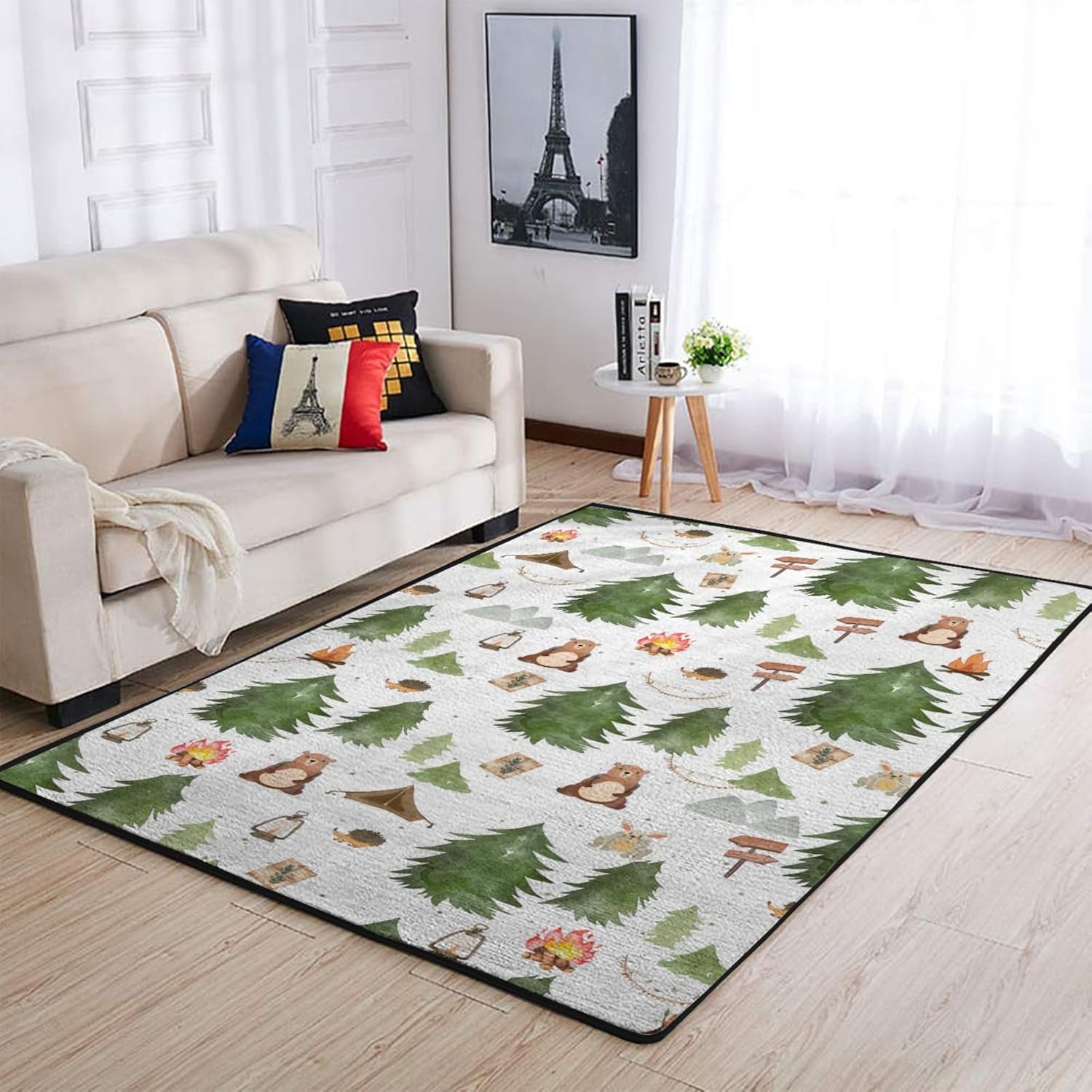 Cartoon Animals Throw Rugs Cute Bear Deer Raccoon Rabbits Trees Area Rugs Floor Carpet Mats for Kids Toddler Nursery Bedroom Living Room Bathroom Kitchen Home Decor 48x72inch
