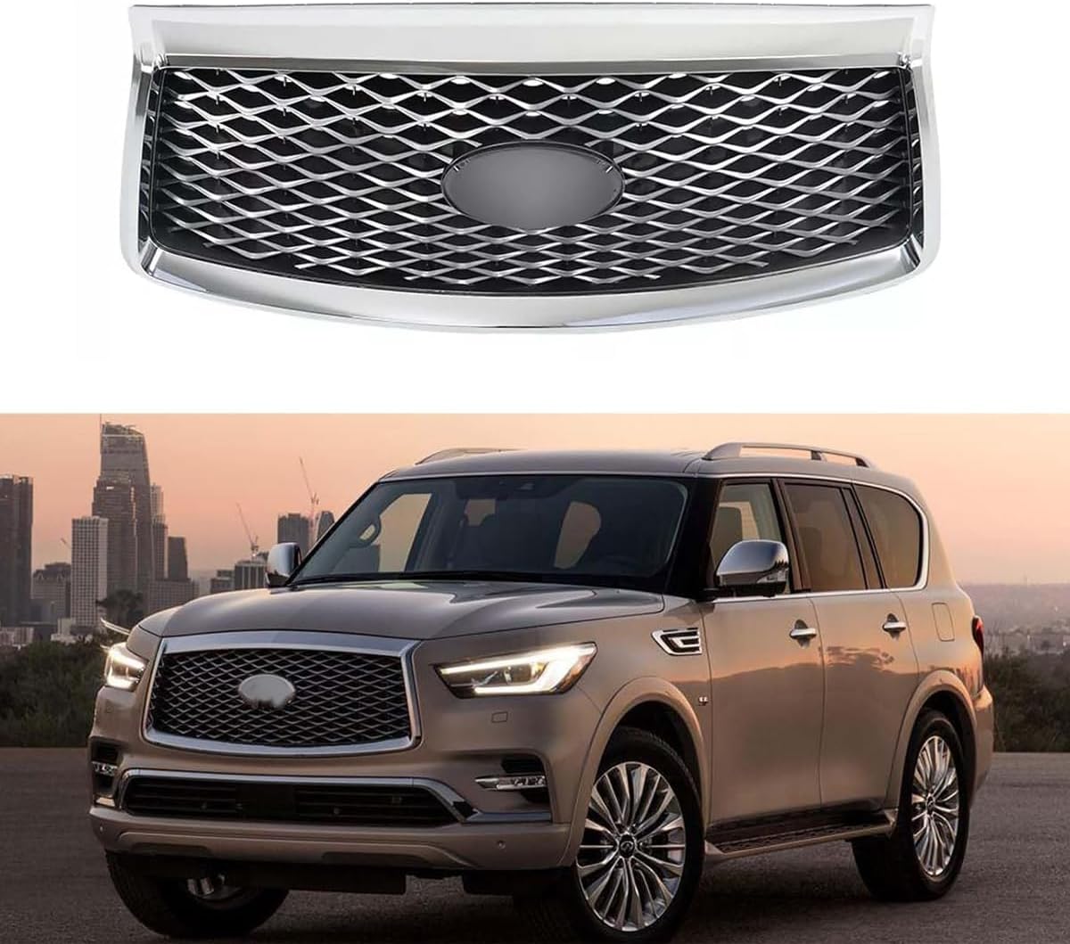 Chrome & Black Insert Front Grill Grille w/Camera Option Compatible with 2018 2019 2020 2021 Infiniti QX80