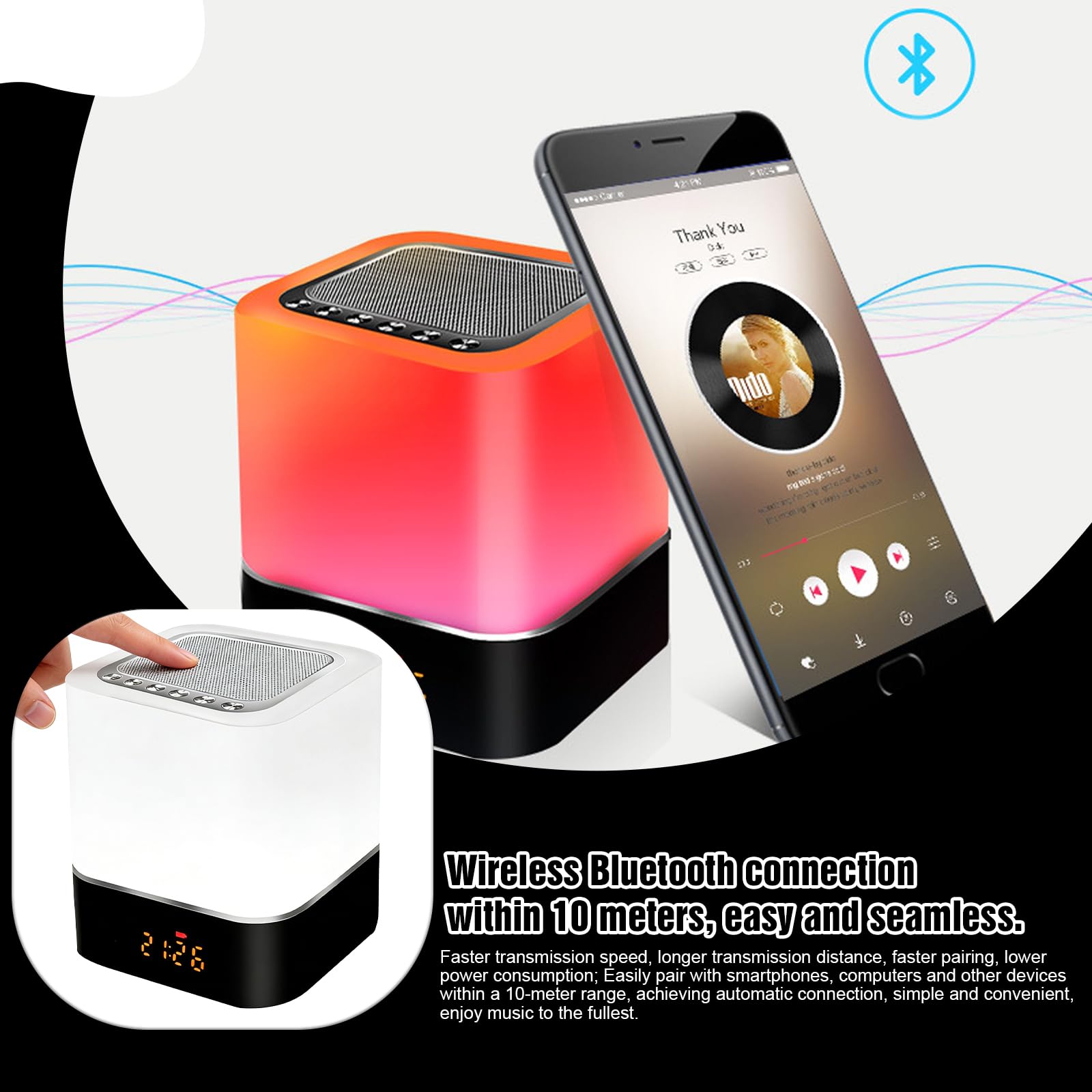 BORDEAG Altoparlante Bluetooth Sveglia con Luce LED Touch, Lampada da Comodino Dimmerabile, Lettore MP3