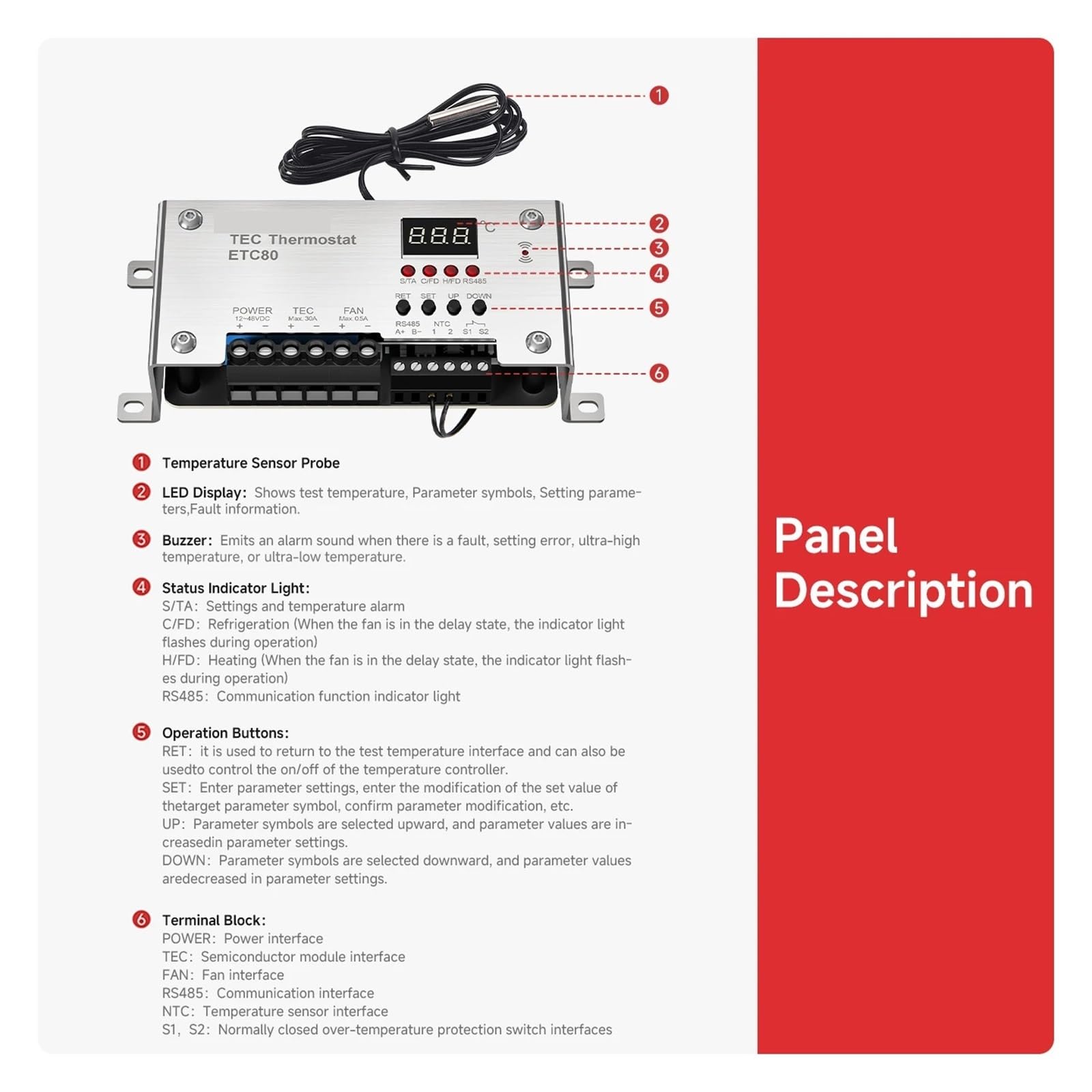 Controlador de temperatura ETC80 TEC, cable de sonda de 1 m, amplio rango de -40~150 ℃, control de temperatura de grado industrial(ETC80-HB)