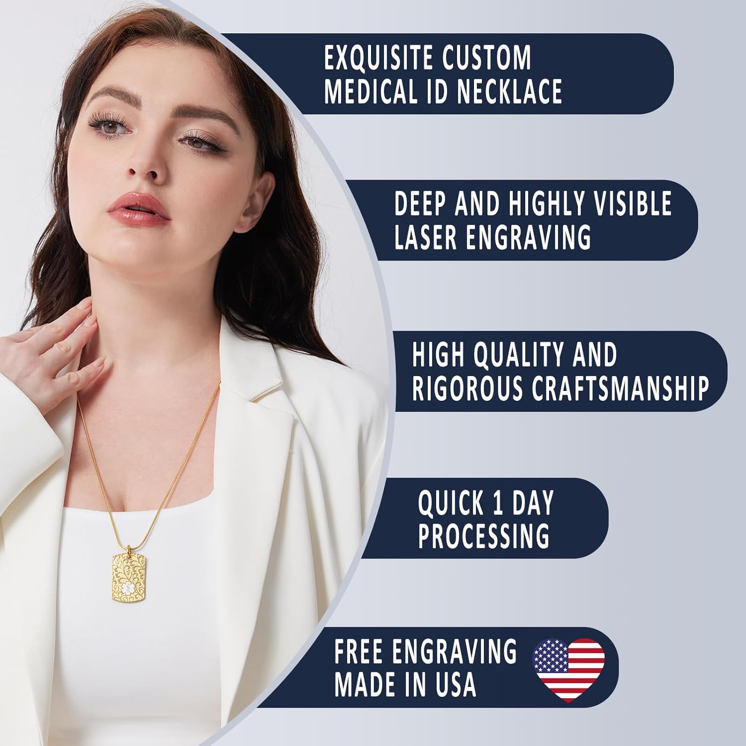 Divoti Custom Engraved Medical Alert Necklace for Women | Filigree Medical ID Necklace with Red Caduceus | 4-Line Personalized Emergency ID | Snake Chain with Lobster Claw Clasps