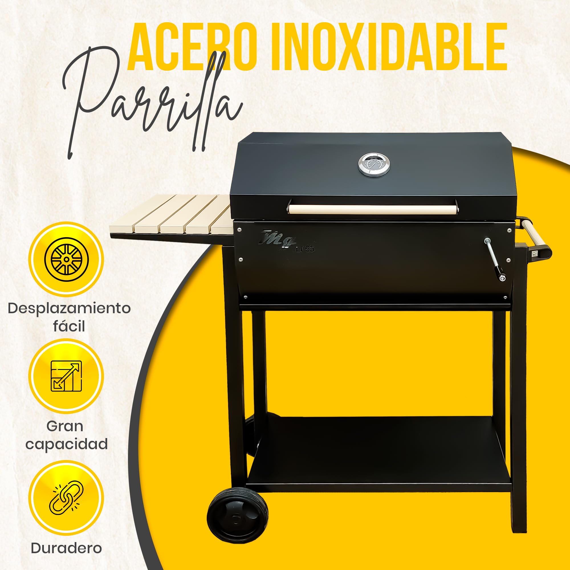 MG- Barbacoa Carbon, bbq, Asador con Tapa para Ahumar o Asar, Barbacoas de carbon y leña con Parrilla Elevable de acero inoxidable, Prepara Carnes, Pescados y Verduras a la Parrilla o al Horno.