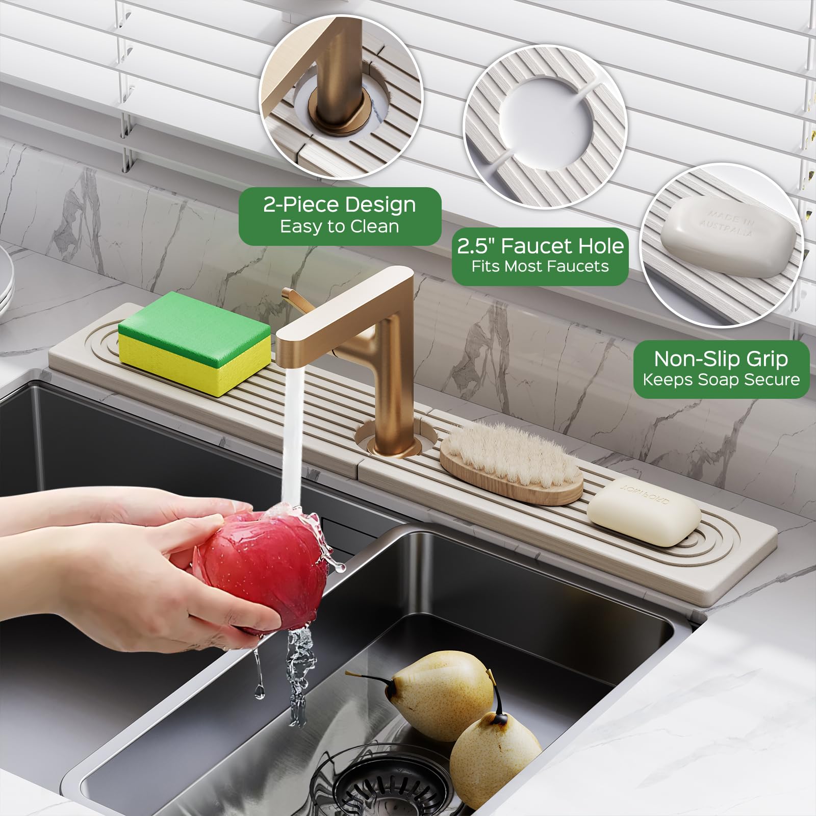 Stone Faucet Mat For Kitchen Sink - 23.6" Diatomite Quick-Dry Splash Guard, Super Absorbent, White