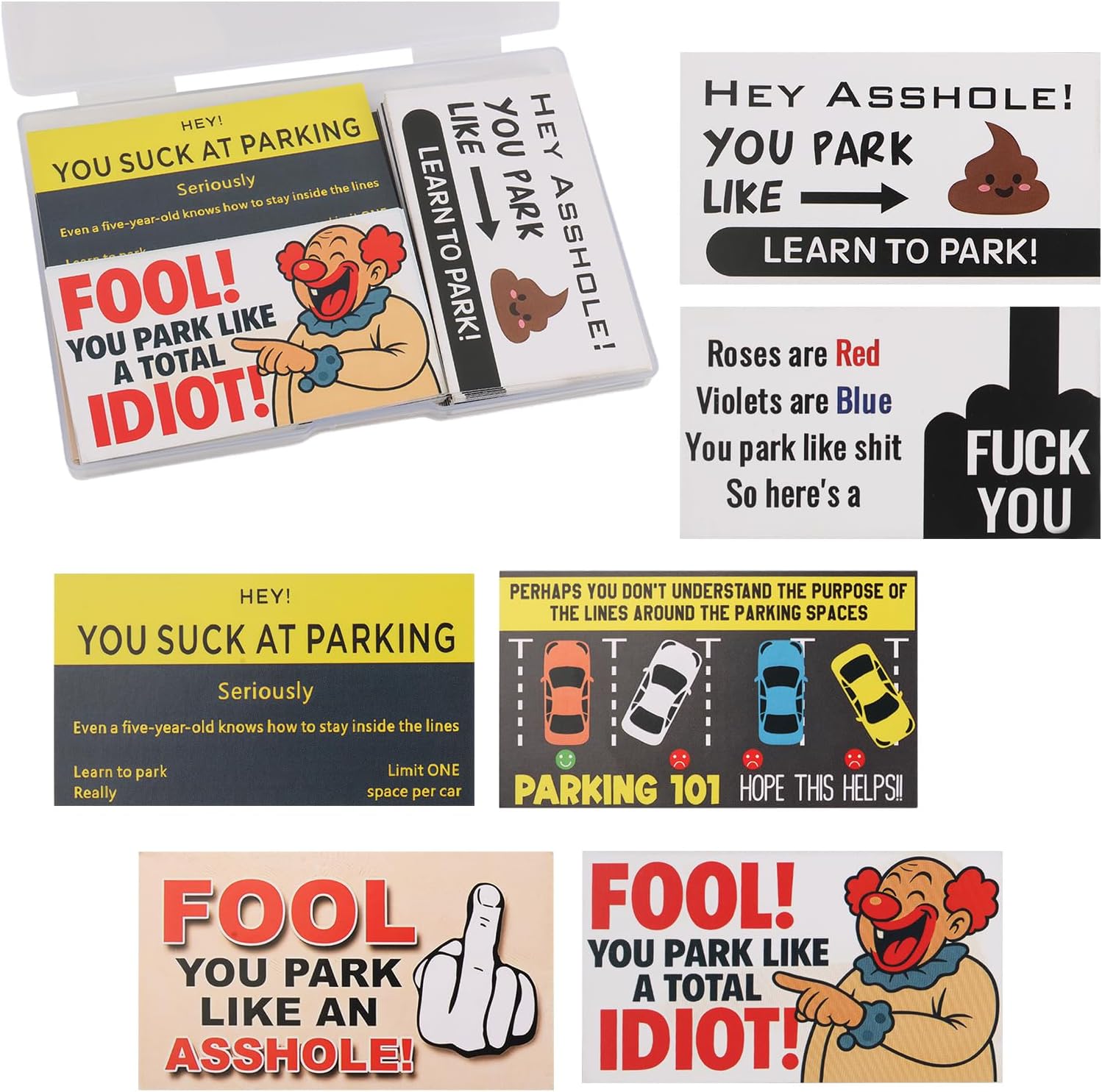 60PCS Funny Bad Parking Cards,You Suck at Parking/You Parked Like an Assholé Cards Look Like Real $100/$50 Bills,Bad Parkings Stickers with 6 Hilarious Designs as Prank Gifts