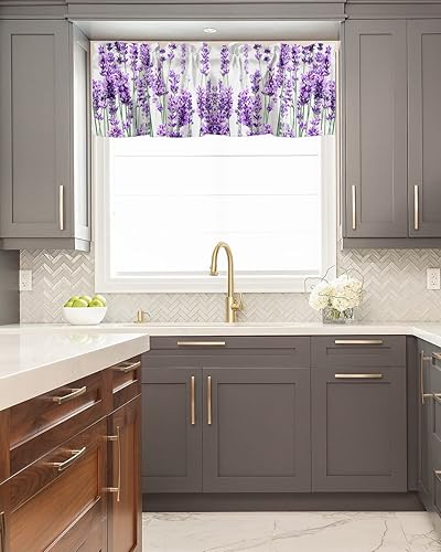 Miniatura 5 de Cortina de cenefas de lavanda púrpura pastoral para cocina, cafetería, cenefa floral de primavera de 42 x 12 pulgadas, bolsillo para barra, cortinas