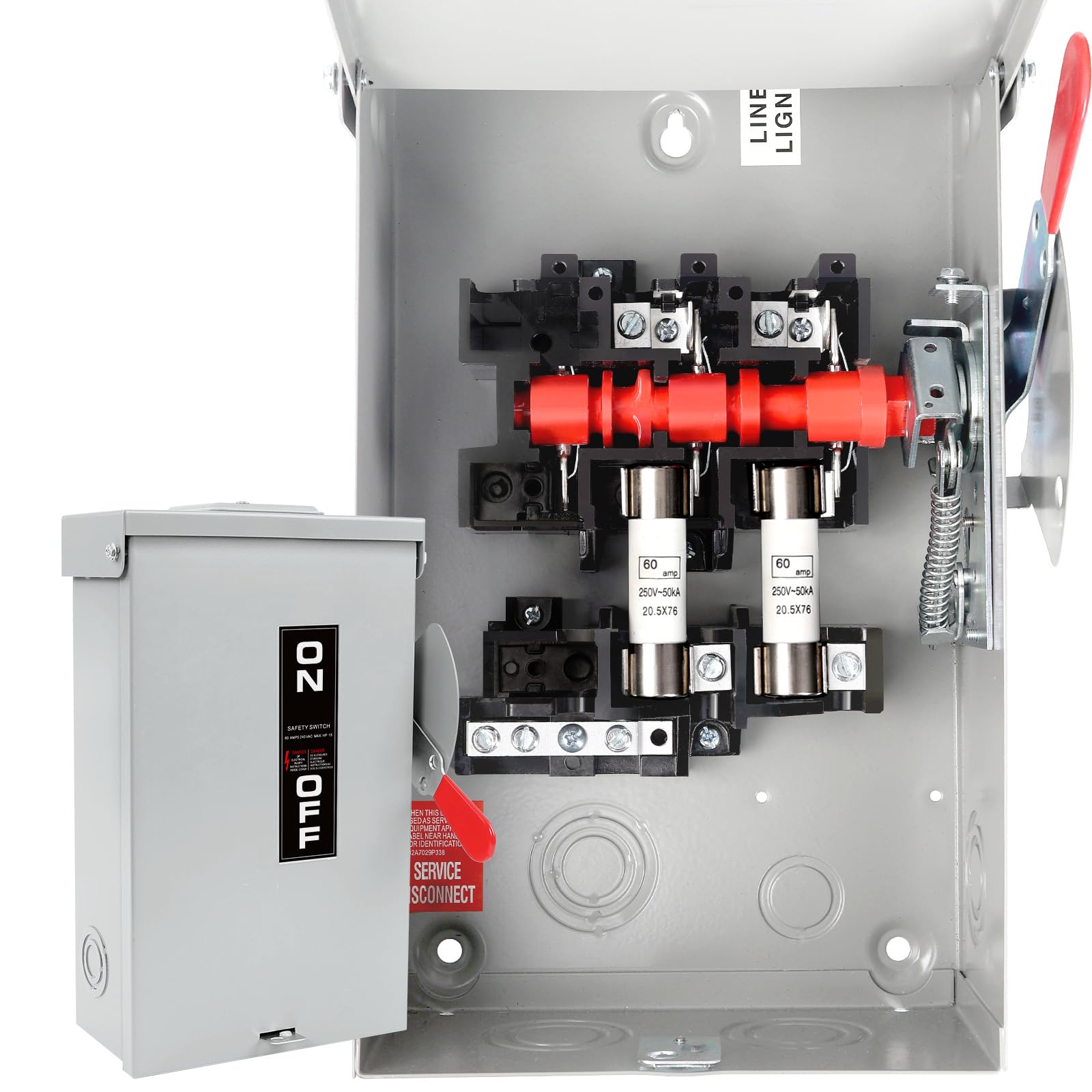 60 Amp Disconnect Box, 2 Pole Fusible Safety Switch, 110/240V, Heavy Duty Metal Structure, Reserved Knout-Outs Design, NEMA 3R Enclosure for Outdoor,