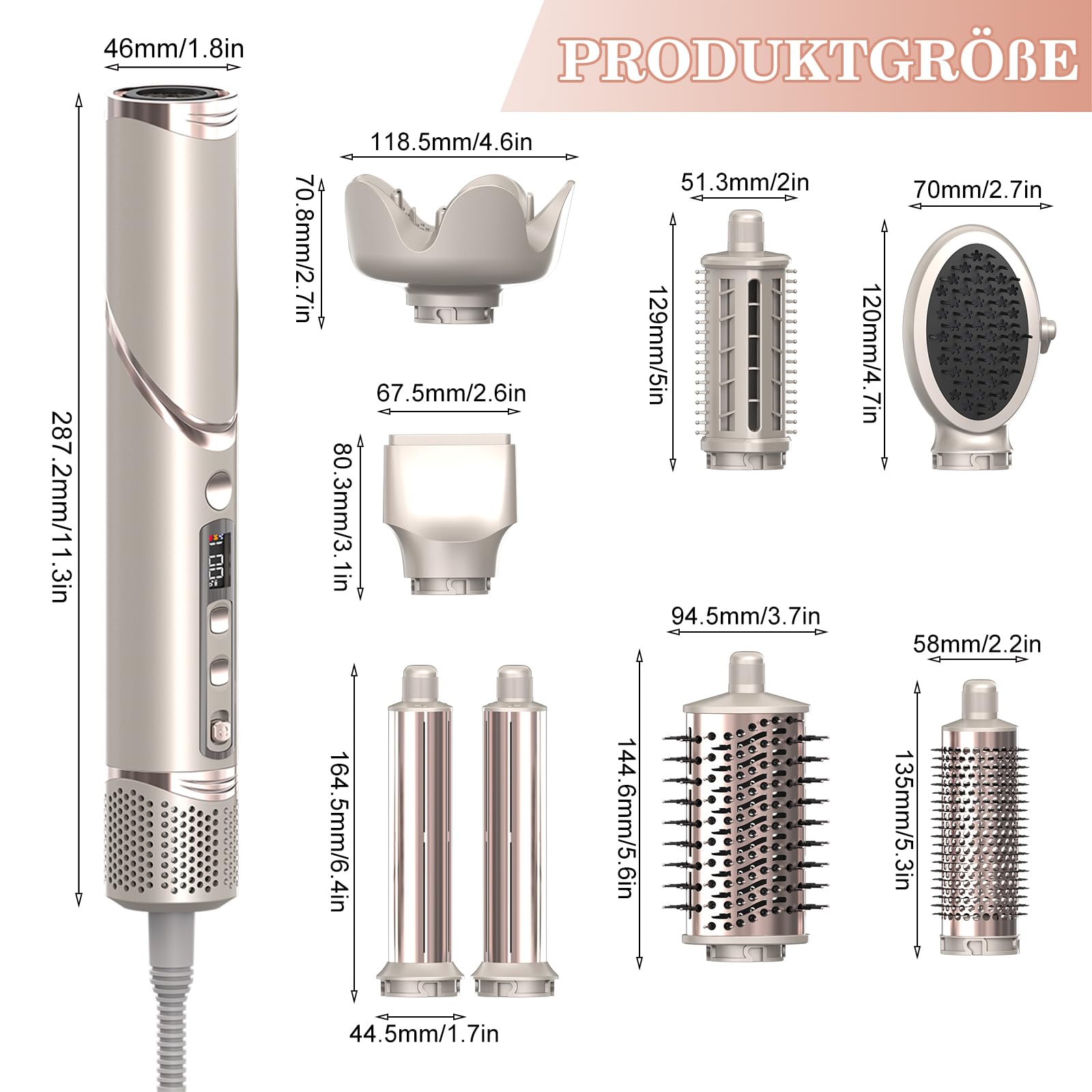 Asciugacapelli 8 in 1, multihairstyler AirStyler, 1600 W, con motore da 110.000 giri/min, con pettine ad aria, ferro arricciacapelli (sinistra e destra), diffusore, bocchetta d'aria (champagne)