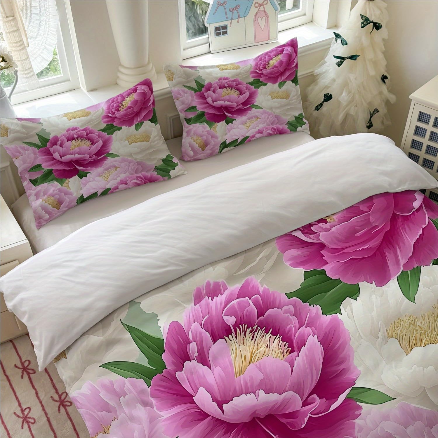 Housse de couette motif floral pivoine rose 264x228cm pour renouveler facilement votre déco de lit