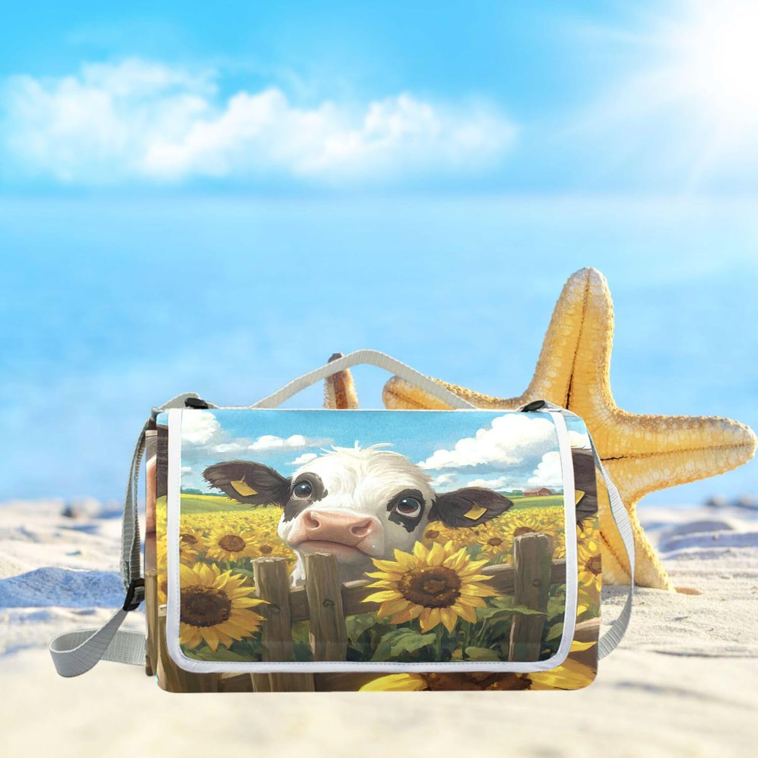 MNSRUU Picnic Blanket Waterproof Foldable, Milk Cow Sunflowers Large Outdoor Picnic Blanket Beach Blankets Camping Blanket Travel Mat, Shoulder Strap Tote, Rectangle 57x59in