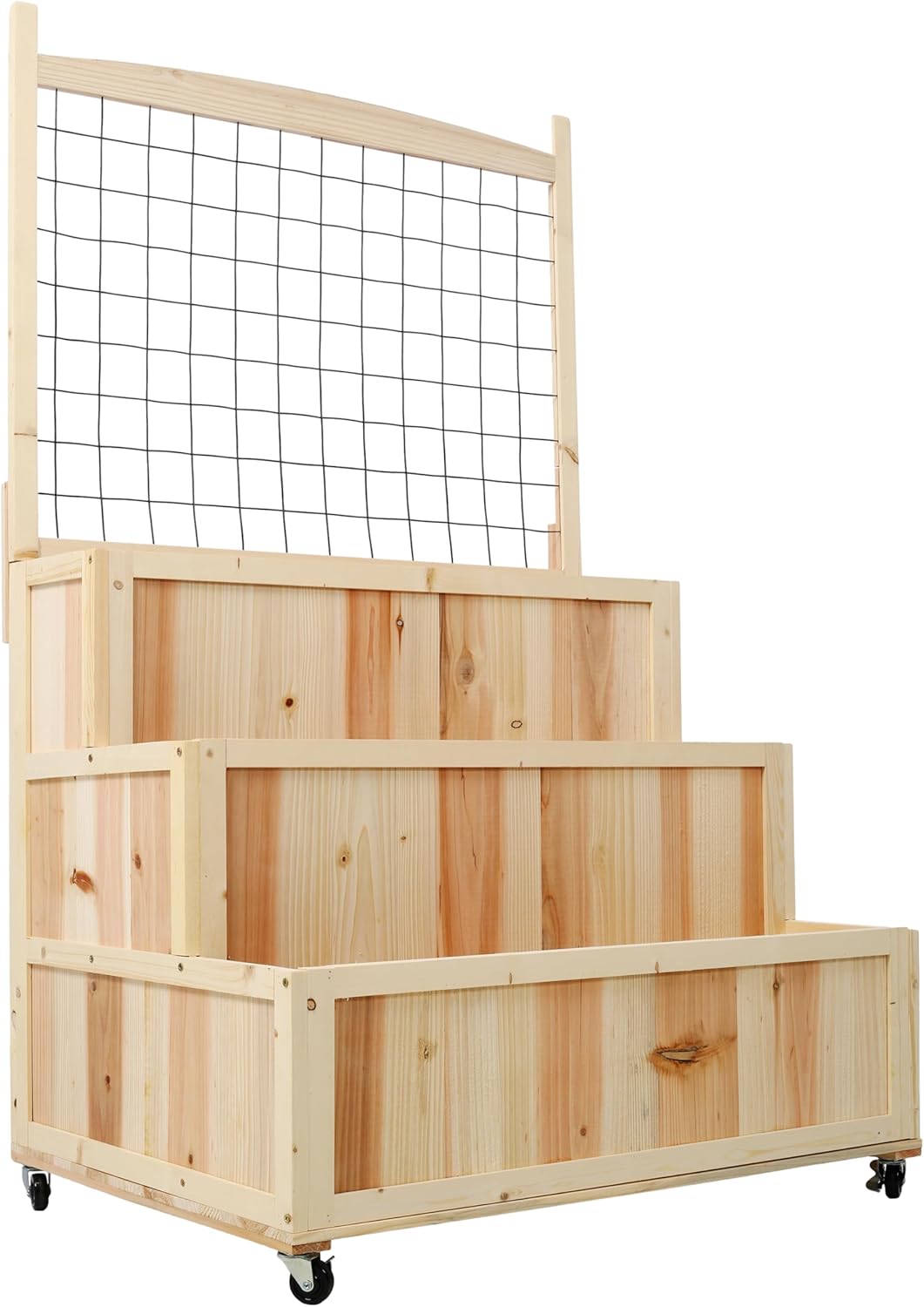 3-Tier Raised Garden Bed with Trellis 53 Inch Vertical Planter Box on Wheels with Storage Solid Wood Tiered Garden Bed for Flowers Vegetables Herbs Outdoor
