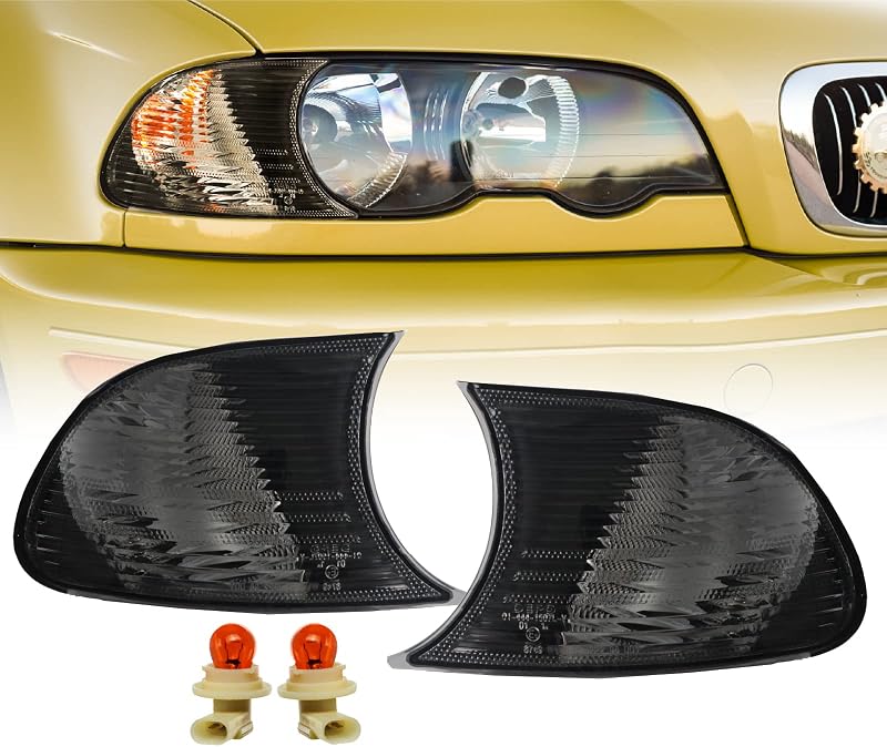Luzes de seta lateral dianteiras DEPO para BMW E46 2000–2001, lente fumê – Par com lâmpadas âmbar