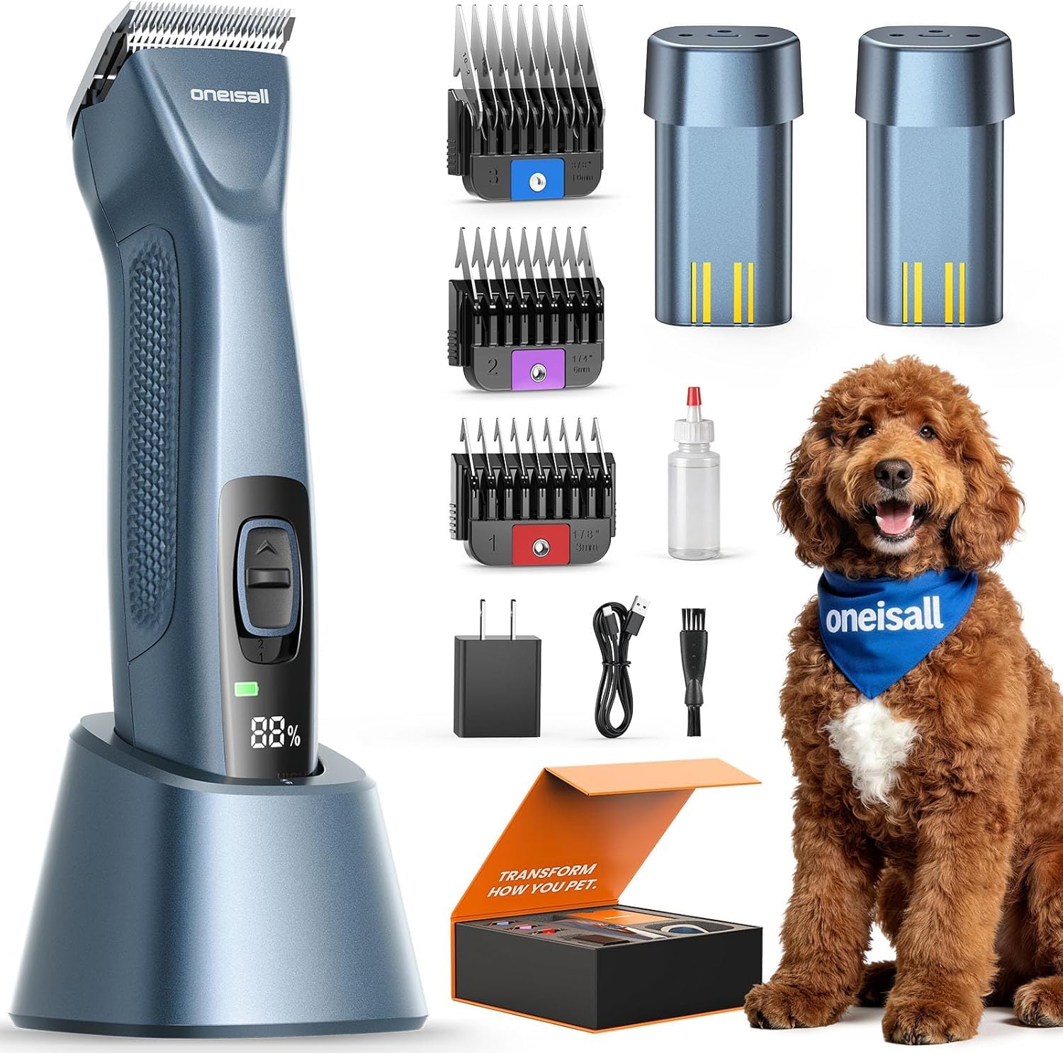oneisall Dog Clippers Professional for Thick Hair with Dual Battery, Low Noise 2-Speed Dog Grooming Clippers for Long Curly Matted Hair with Metal Combs, A5 Blade