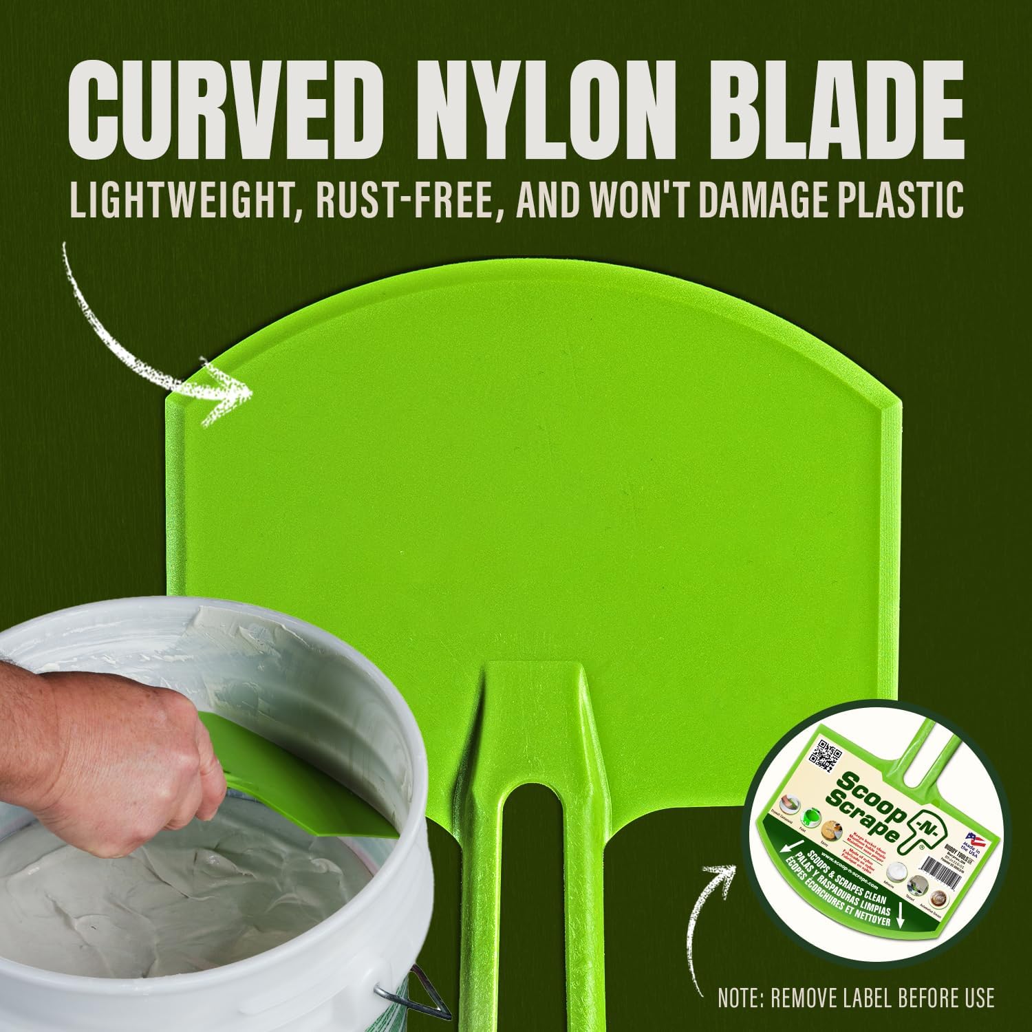 Buddy Tools Scoop-N-Scrape - Efficient Bucket Scoop for 5-Gallon - Lightweight and Durable Curved Bucket Trowel - Made with Heavy-Duty Nylon - Scrapes Clean, No More Shavings - Pack of 2