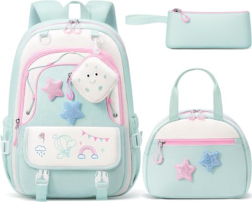 Fimibuke Kids Backpacks for Girls, 4 PCS Cute Bookbag Set for School, Pink and Green, 17"x12"x6.5", Casual