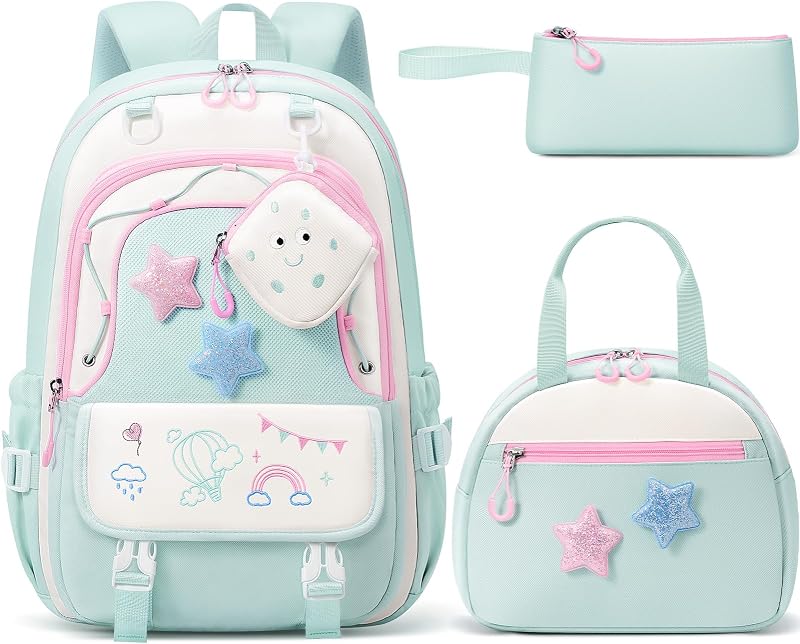 Kids Backpacks for Girls, 4 PCS Cute Bookbag Set for School Green