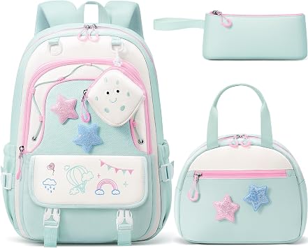 Fimibuke Kids Backpack for Girls, 4 PCS Waterproof Teen Girls Backpack with Lunch Box, Pencil Case & Headphone Bag Set, Cute Bookbag for Elementary Middle High School Student Back to School