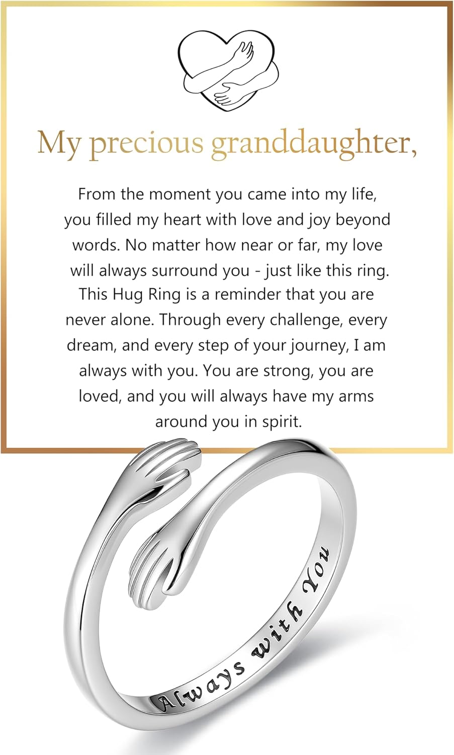RANKEEF S925 Sterling Silver Hug Ring for Granddaughter Daughter Adjustable Ring for Women Hope Rings for Granddaughter Birthday Christmas Gifts for Daughters Tarnish Free Jewelry Gift for Her