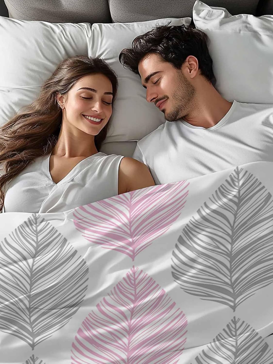 Full Flat Sheet Only Bed Sheets Pink and Grey Botanical Leaves Microfiber Breathable Bedding Flat Sheet, Abstract Geometric Lines Art Soft Top Sheets for Bedroom Living Room Sofa