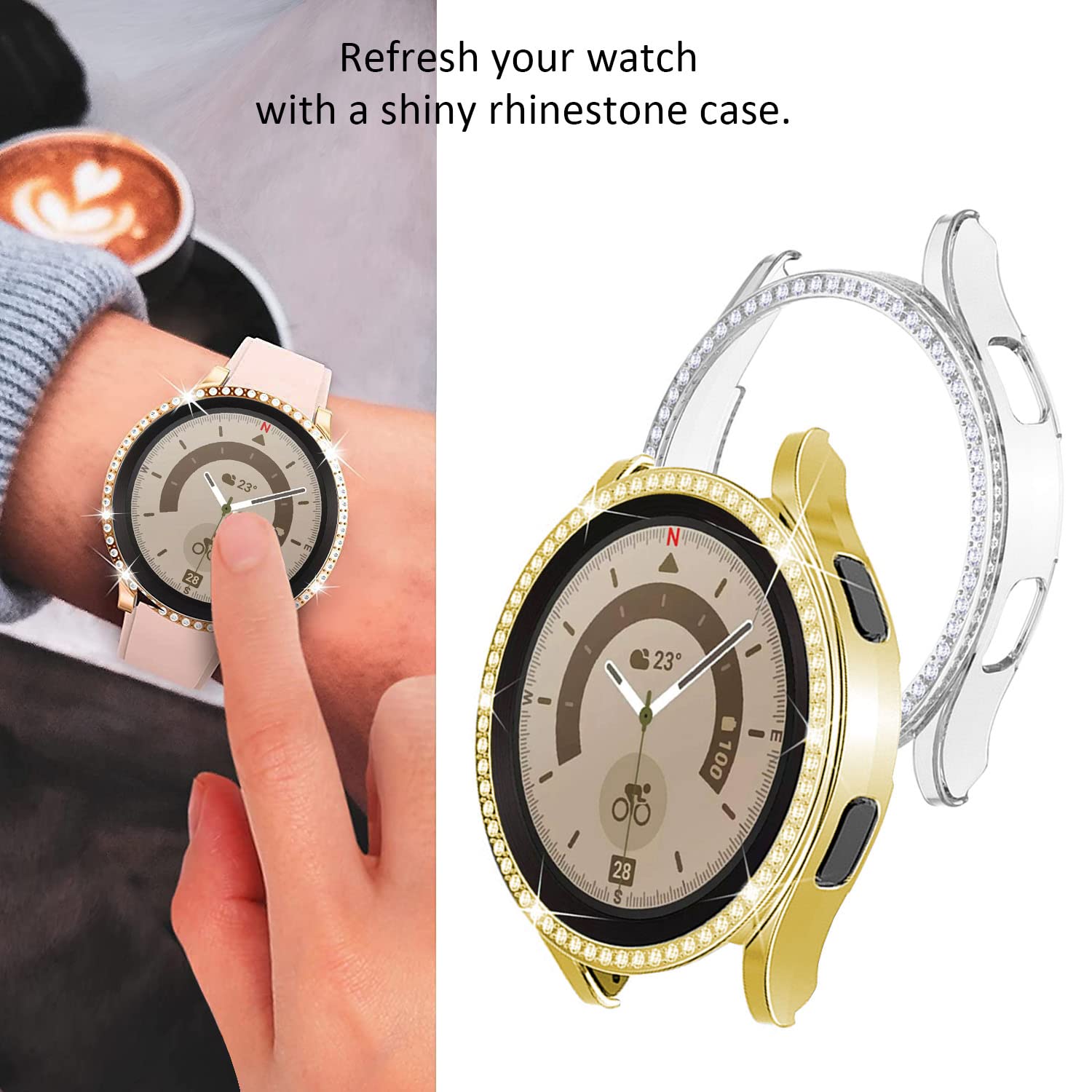 DEALELE [2-PACK] Case Compatible with Samsung Galaxy Watch 5/4 44mm, Bling Single-Row Diamond PC Protective Case Replacement Watch Cover Bumper (44mm, Gold+Transparent) — view 6