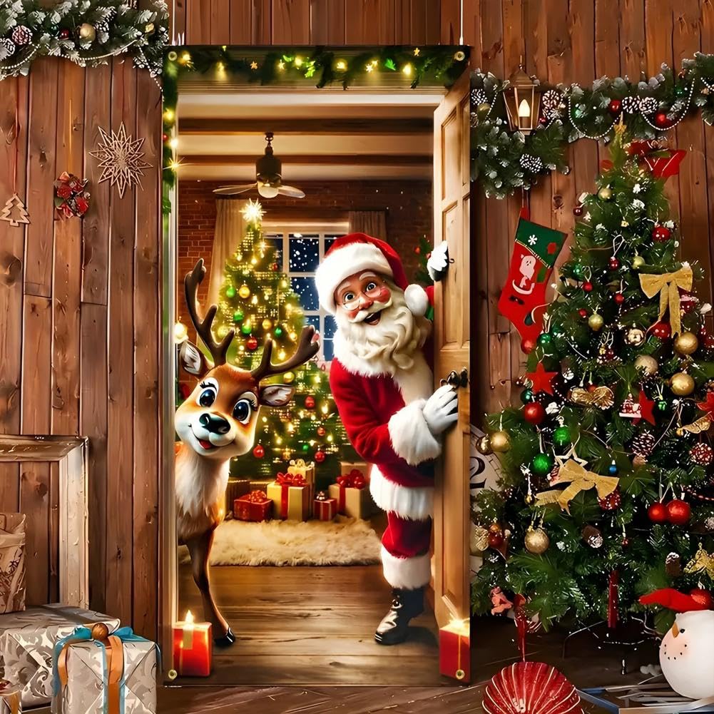 Christmas Door Cover with Elastic,35'' x 79'' Stretchy Cloth Front Door Cover Decoration Christmas Party Banner Supplies for Home, Office, Indoor & Outdoor Use (style-A, 90 * 200 cm)