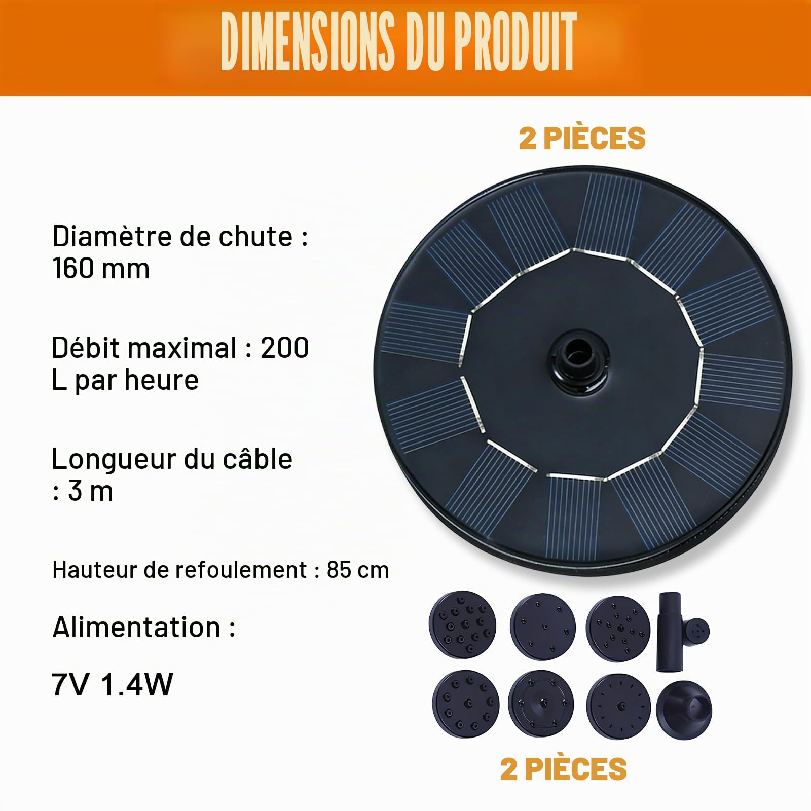 Lot de 2 fontaines solaires d'extérieur : pompe de bassin solaire à 8 effets, pompe à eau solaire polyvalente, fontaine flottante, idéale pour le jardin, l'étang ou le bassin à poissons, pour les
