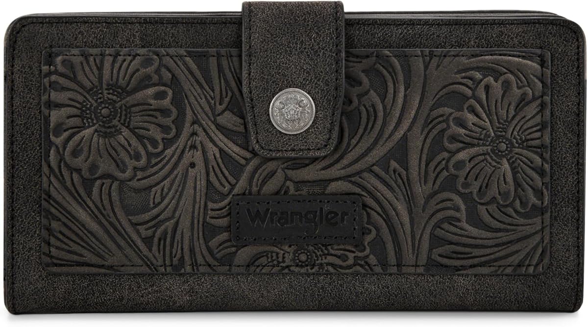 Montana West X Wrangler Black Tooling Flower Wallet for Women Bifold Zipper Wallets, Card Cases & Money Organizers Large Capacity Phone Cash Wallet Ladies Female Western Clutch Wallets with ID Window
