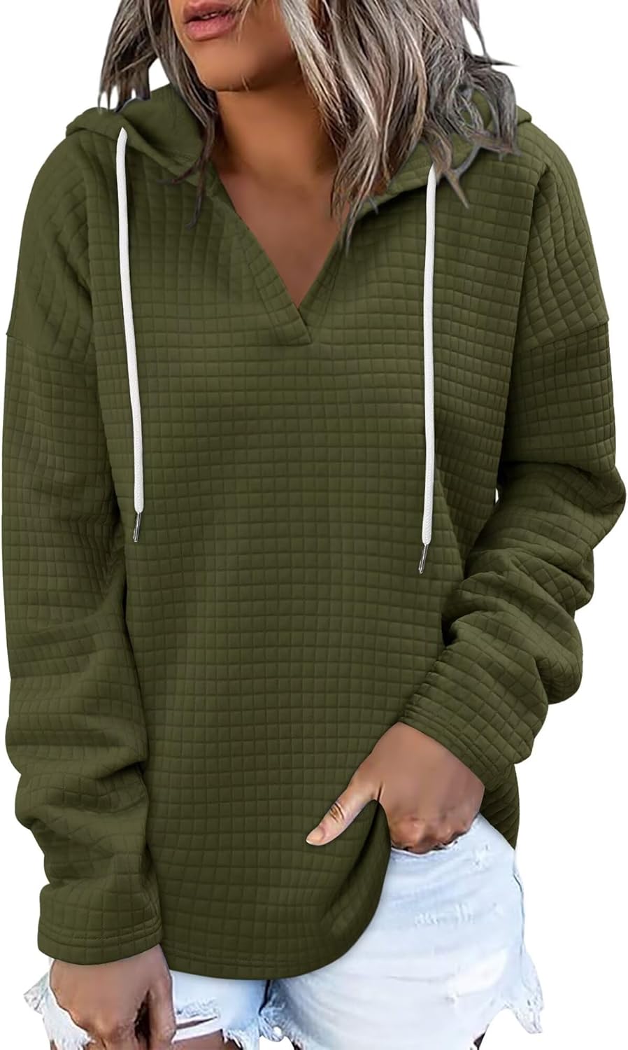 ONLYSHE Womens Hoodie Sweatshirt Lightweight Cozy Waffle Knit Pullover Top with Kangaroo Pockets - Image 4