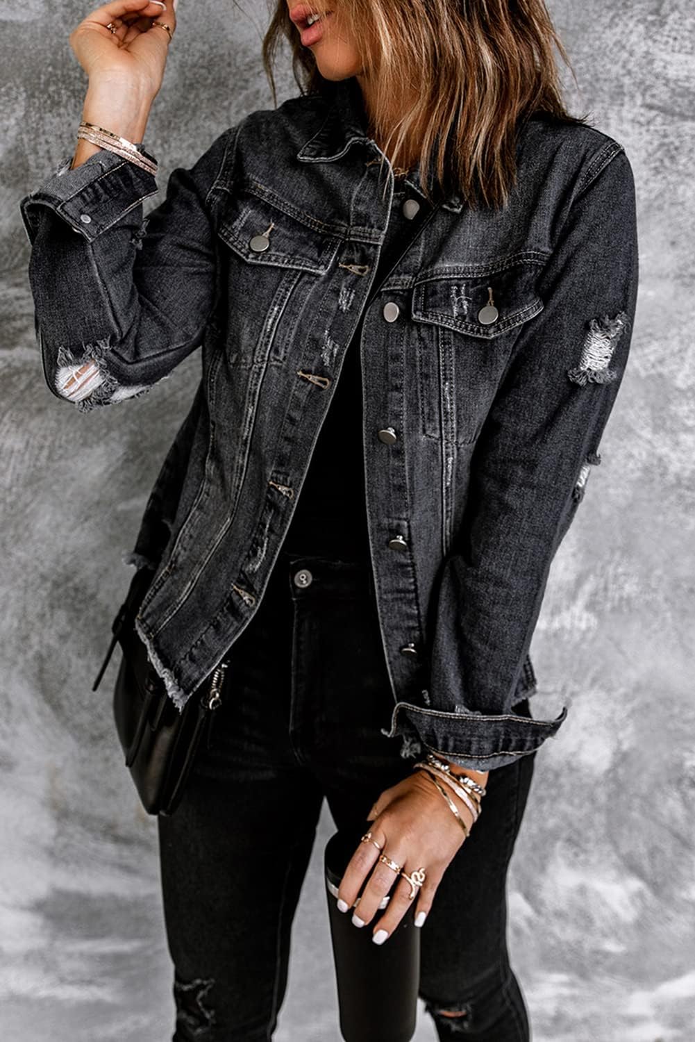 Necooer Women's Jean Jacket Distressed Washed Button Up Boyfriend Denim Jacket Coat With Pockets - Image 2