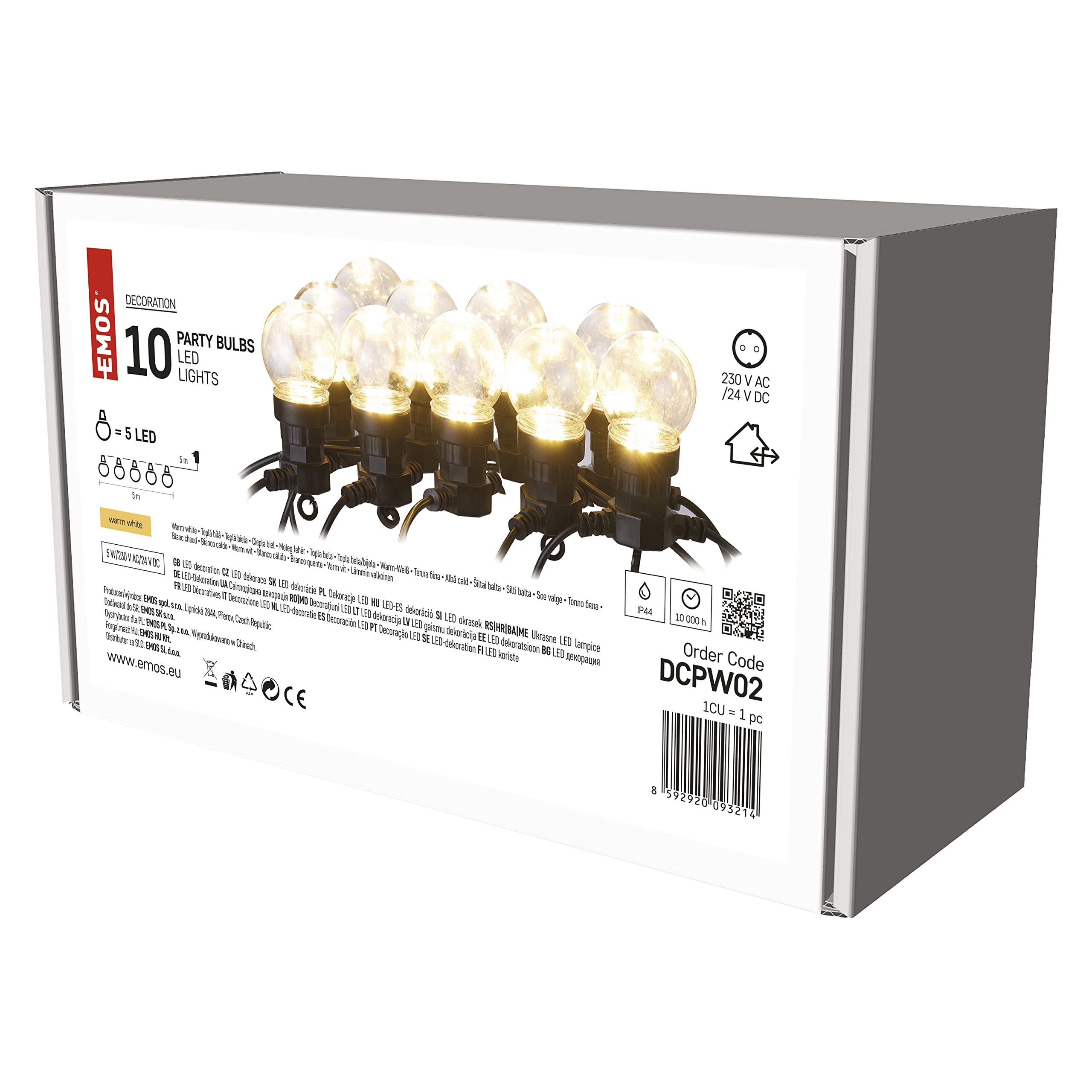 EMOS LED-Lichterkette warmweiß für Innen und Außen, 5m lange Partylichterkette mit 10 transparenten LED Glühbirnen in Kugelform, IP44, für Partys, Weihnachten, Deko, DCPW02, Warmweiss