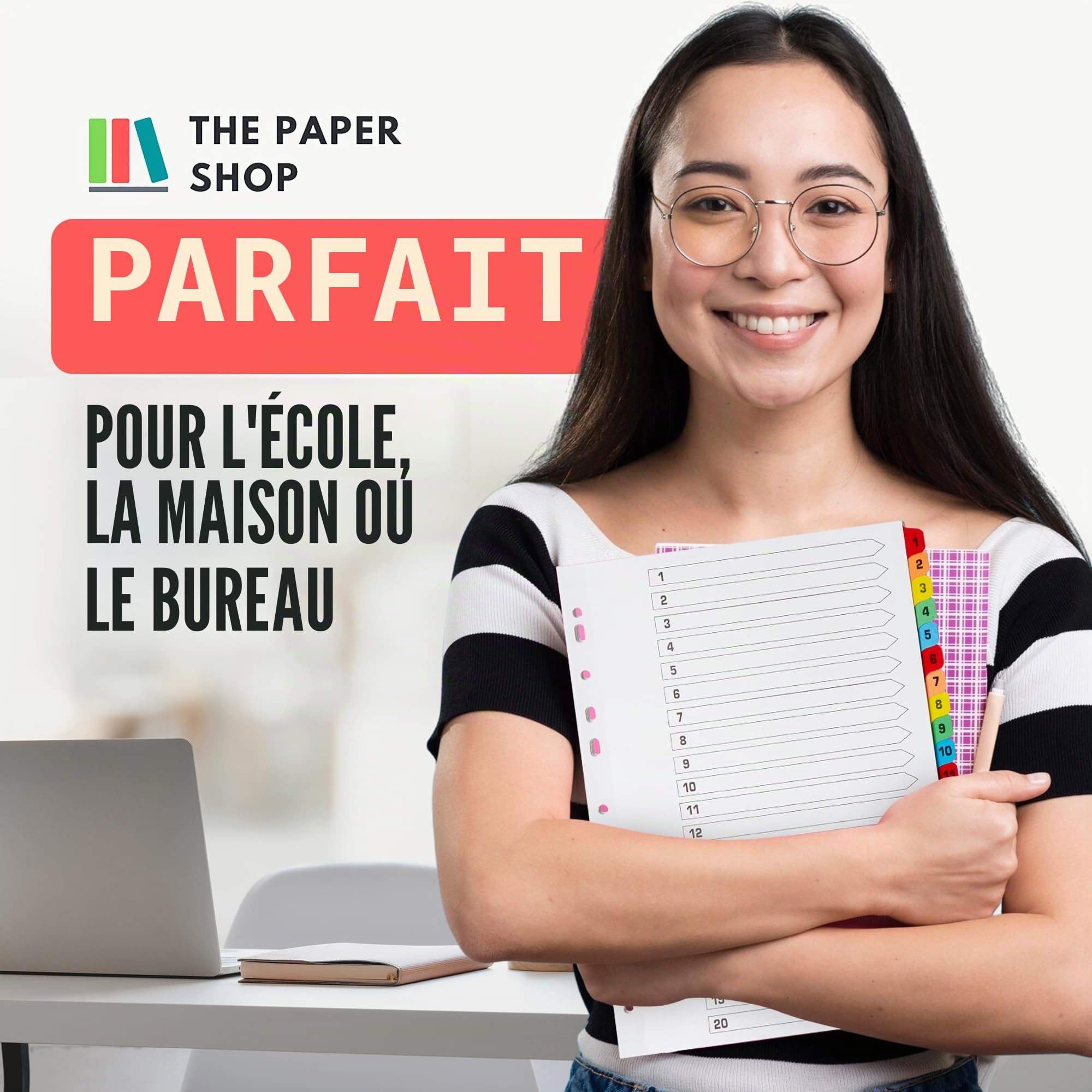 Intercalaires A4 20 pièces numérotées de 1 à 20 | Intercalaires A4 20 parties numérotées de 1 à 20 avec onglets de couleur renforcés multiperforés 150 g/m²