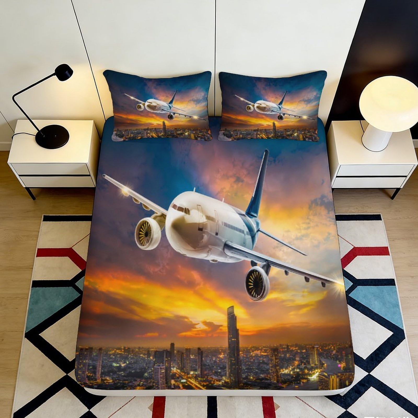 3D Printed Sunset Airplane Fitted Sheet Microfiber Cityscape Bed Cover Anti-Slip Easy Care for Bedroom Dorm Decor 180x200x25cm