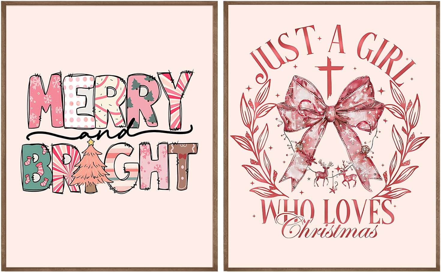 CIOJUNE Christmas Wall Decor - Pink Coquette Bow Canvas Wall Art, Merry & Bright Posters for Girls' Room, 8x10 Unframed