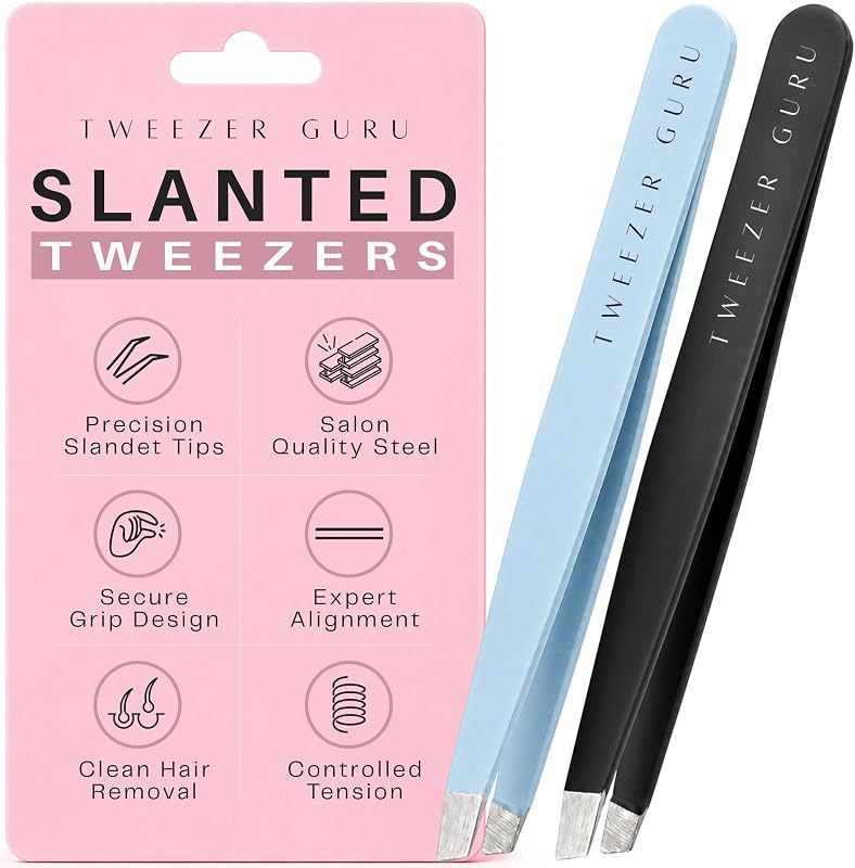 TWEEZER GURU Pinças para Sobrancelhas com Ponta Chanfrada em Aço Inoxidável, Preta e Sky Blue, Pacote com 2