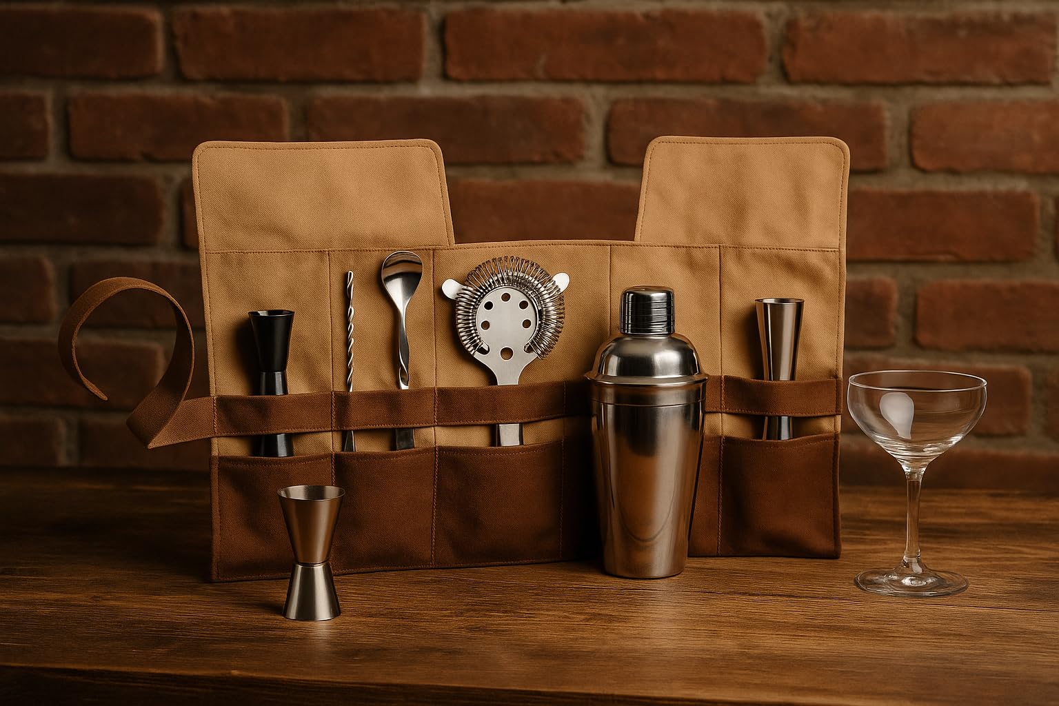 Borsa Roll Up Bartender – Set Professionale 7 Pezzi – Kit Barista da Viaggio con Tasche Porta Strumenti – Ideale per Cocktail, Bar, Barman e Mixology