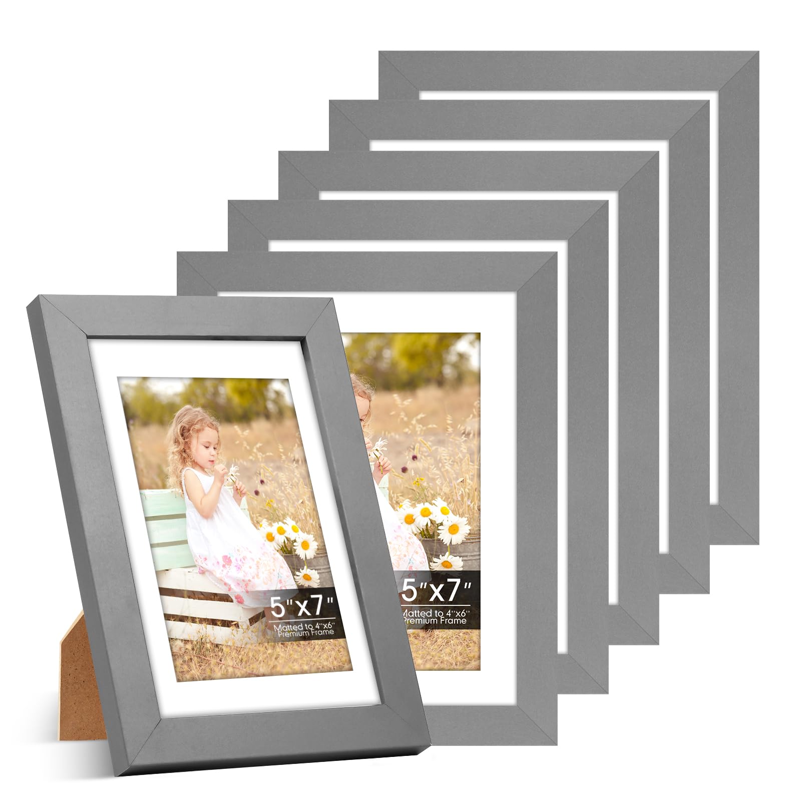 5x7 Picture frame 6 Pack, Mat for 4x6 Photos, Shatter HD Plexiglass | Removable mat fits two photo sizes, slim frame with stand for horizontal &amp; vertical tabletop &amp; wall mount