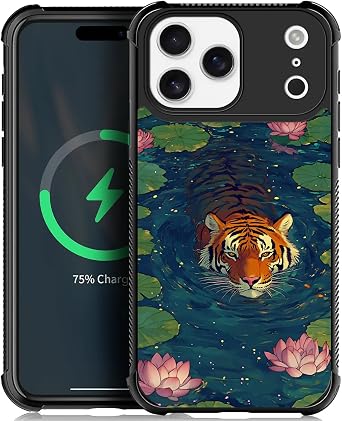 CARLOCA for iPhone 17 Pro Max Compatible with Magsafe Case for Girl Boy Shockproof Soft Silicone Protection Magnetic Charge Fashion Pattern Tiger Swimming Water Lotus Flower Leaf