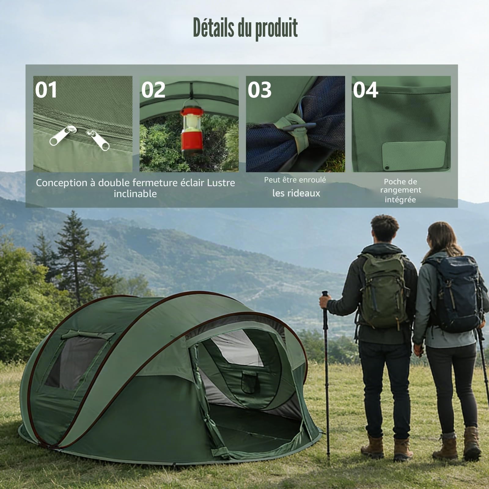 Tente de camping pop-up pour 4 à 5 personnes, tente automatique en 3 secondes, tente à lancer, étanche, protection solaire, tente familiale, tente dôme portable légère pour camping en plein air