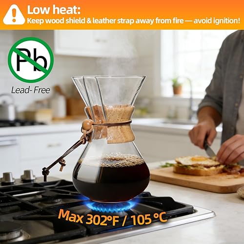 Miniatura 9 de Cafetera de Café por Goteo 27 OZ, Cafetera de Vidrio de Borosilicato de 8 Tazas con Filtro de Acero Inoxidable Reutilizable y Empuñadura de Corcho