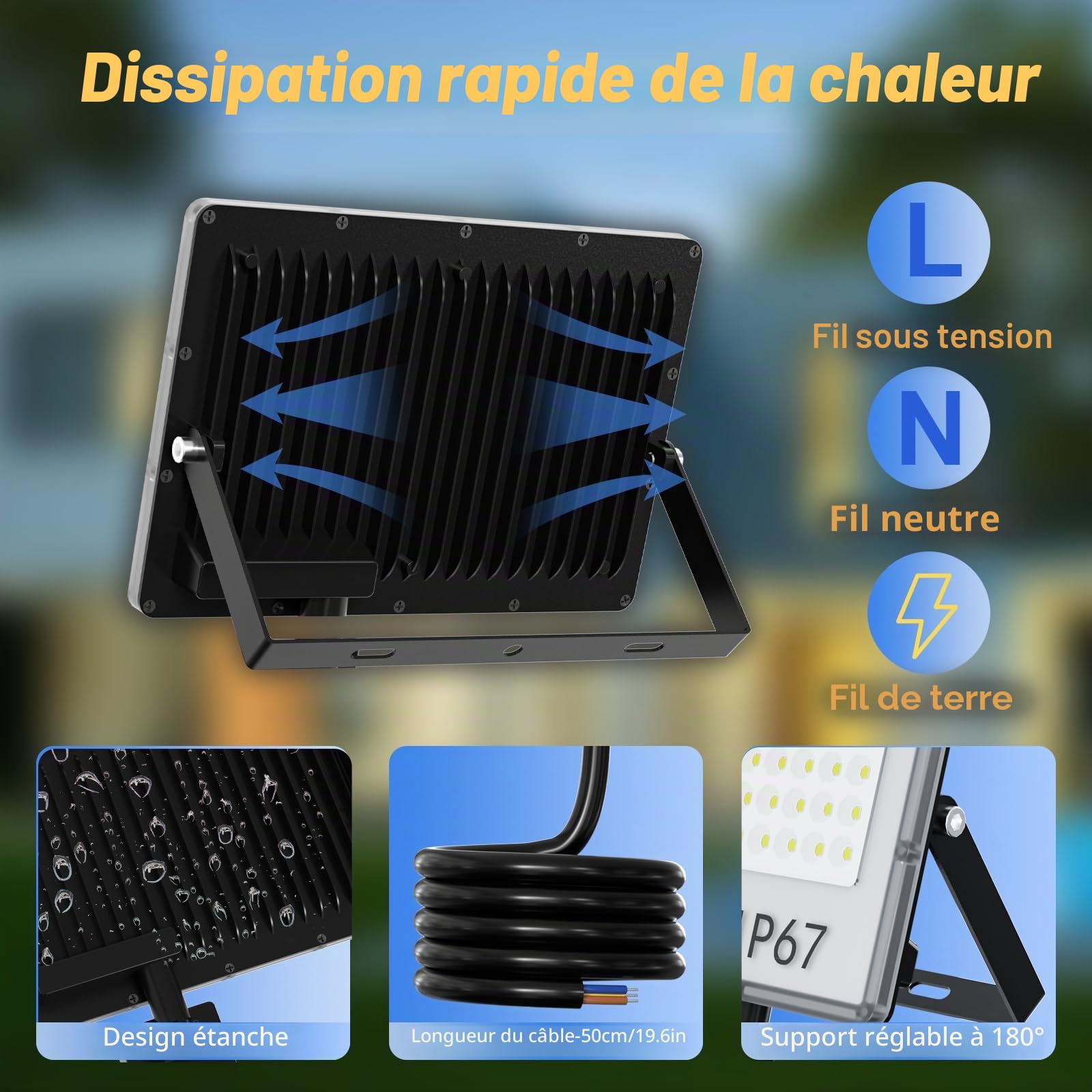 Projecteur LED Extérieur 50W - 5000LM Spot LED Extérieur Etanche IP67 6500K Blanc Froid 2 Pièce Phare Exterieur pour Jardin
