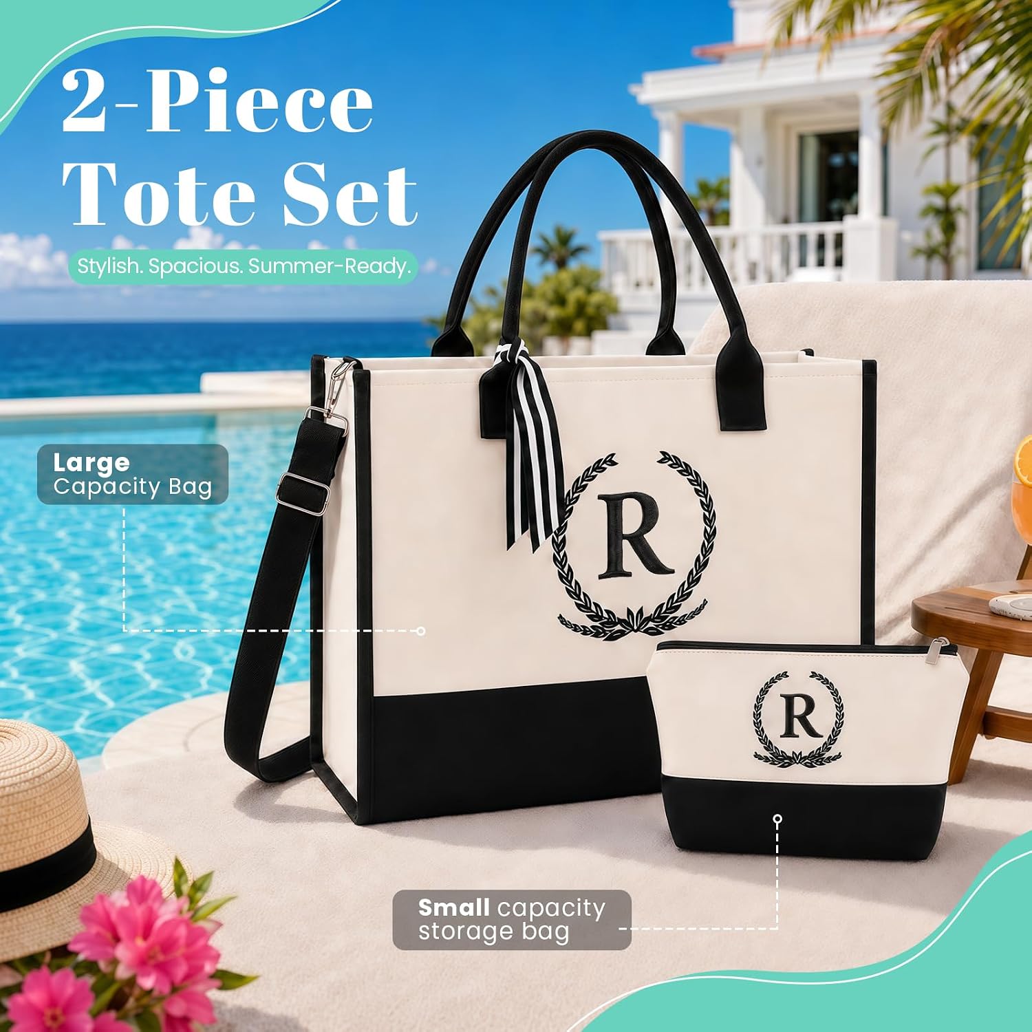Embroidered Floral Monogram Canvas Tote with Zipper Pockets Gift for Her image 4