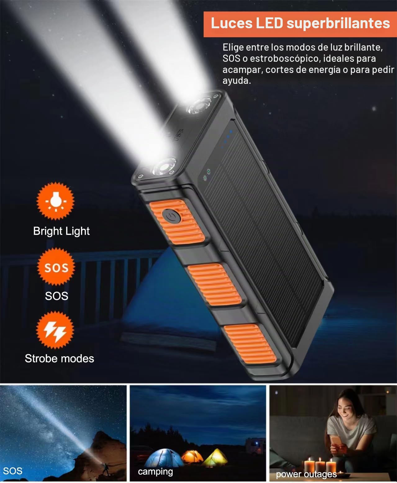 Banco de energía Solar 30000 mAh, Carga Rápida Batería Externa Inalámbrica con 3 Cables de Carga Integrados para Teléfono Tabletas