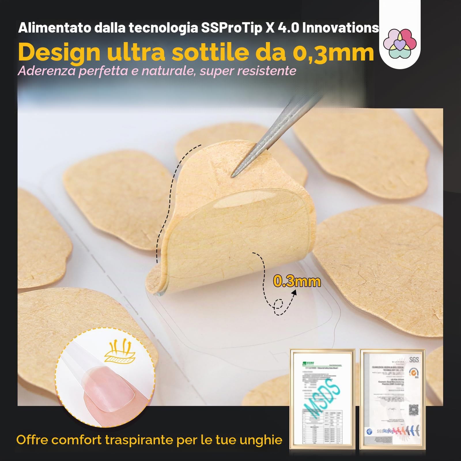 SAVILAND 600 Pezzi Adesivo per Colla per Unghie a Doppio Lato, Biadesivo per Unghie, Colla Adesiva per Unghie Trasparente 30 Giorni 15 misure, 0,3 mm, Sottili, Impermeabili, Resistenti per Nail Art