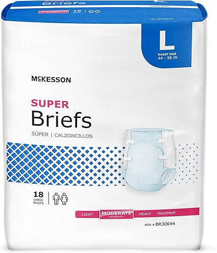 McKesson Super Briefs, 18 unidades, talla L, 44-58 pulgadas, pañales para incontinencia para adultos con pestañas, absorción moderada, unisex,
