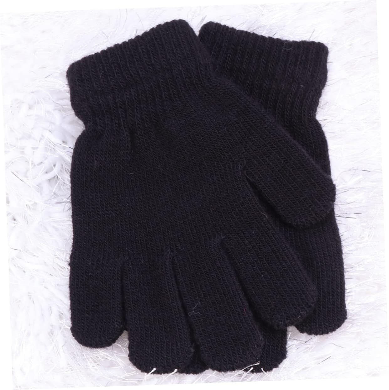 3pcs Boy Girl's Knitted Gloves for Autumn Winter Warm Full Finger Five-point Mittens for Boys and Girls Aged Lightweight Washable Solid Color Design Black