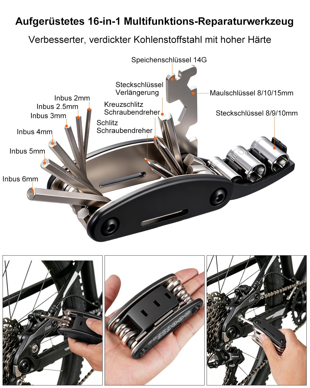 NDakter Fahrrad Reparaturset mit Fahrradtasche Rahmen: Fahrradwerkzeug Set für Unterwegs mit 16-in-1 Fahrrad Multitools, Fahrradpumpe, Reifenheber, Leimfreie Reifen, Werkzeug Set für Rennrad, MTB