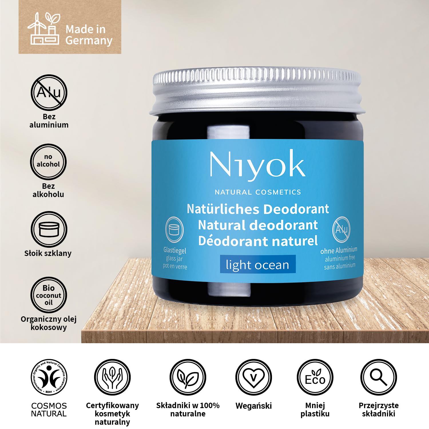 Niyok 2w1 Dezodorant krem LIGHT OCEAN 40 ml, Naturalny crem antyperspiracyjny bez aluminium, 24h ochrona przed potem i nieprzyjemnym zapachem, Krem do dezodorantu unisex, Wegański, certyfikat COSMOS